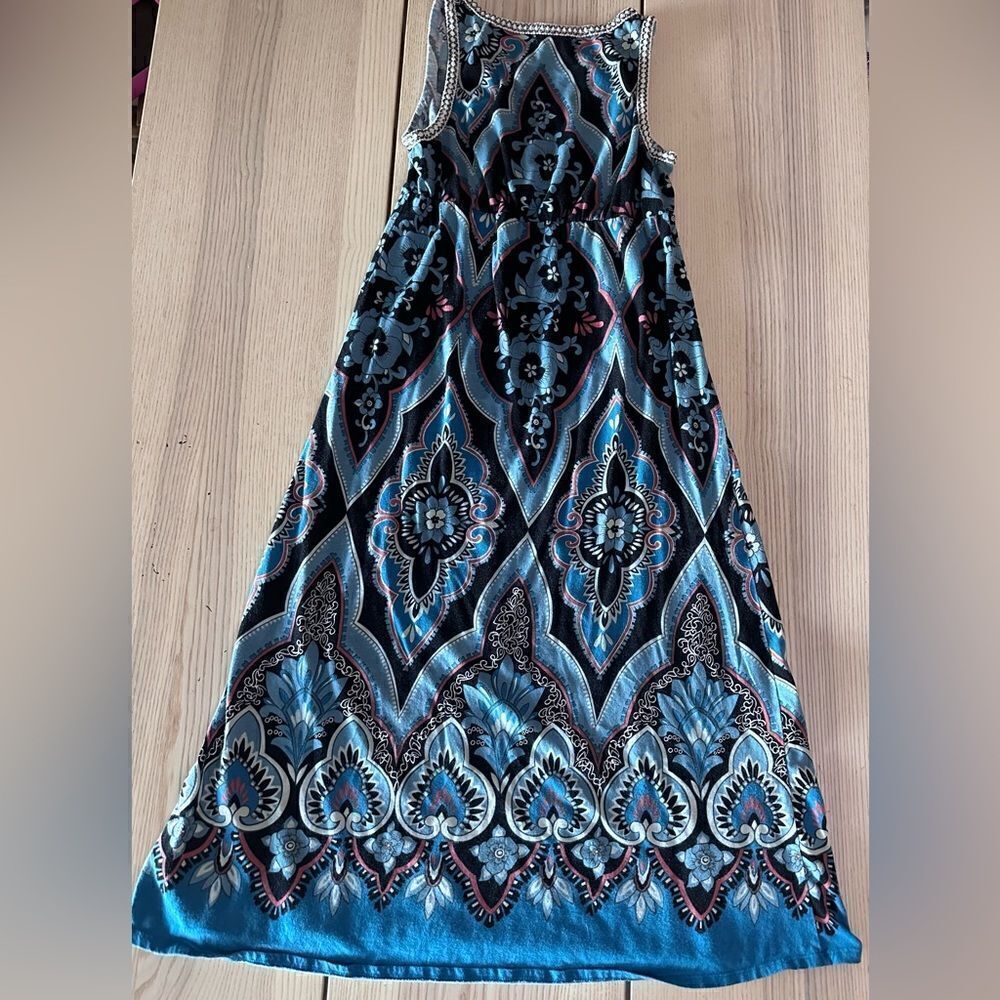 Lucky Brand Boho V neck sleeveless maxi dress, silver & bold blue print - Size S - Picture 2 of 5